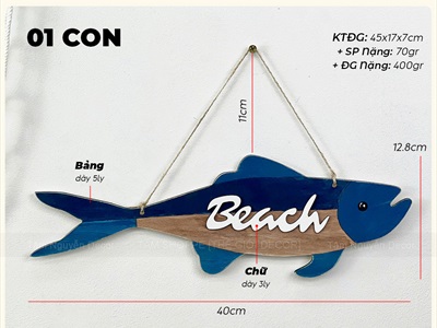 Bảng treo Cá gỗ sọc xanh Beach Retro [Nhẹ - Thủ công] 40x13cm BTC-BIEN-07